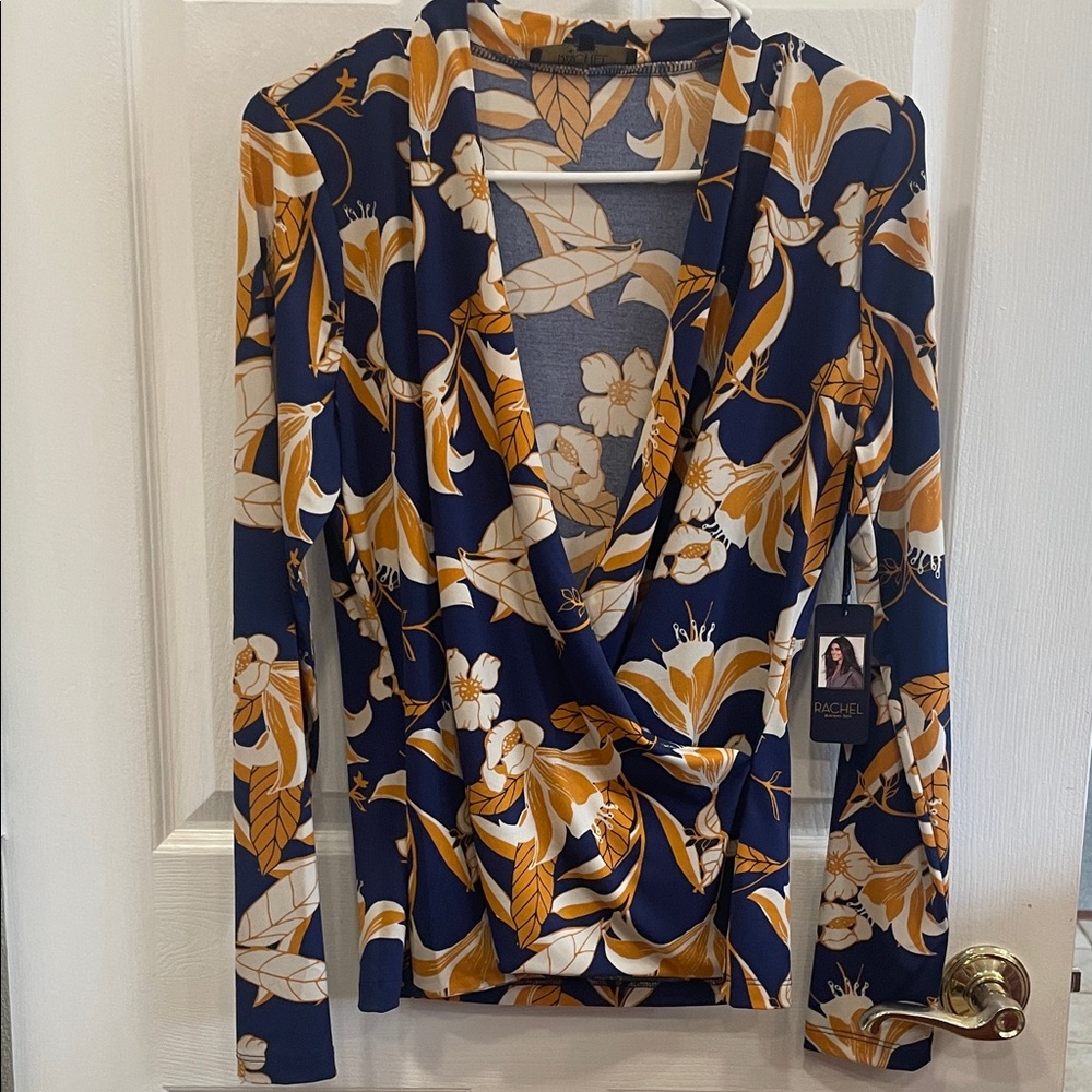 Floral Wrap blouse in Blue and Gold size M faux wrap